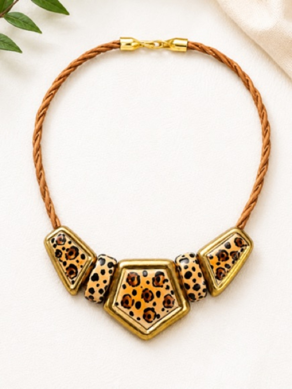 Vintage Carol Hamly Leopard Print Necklace with Gold Accents